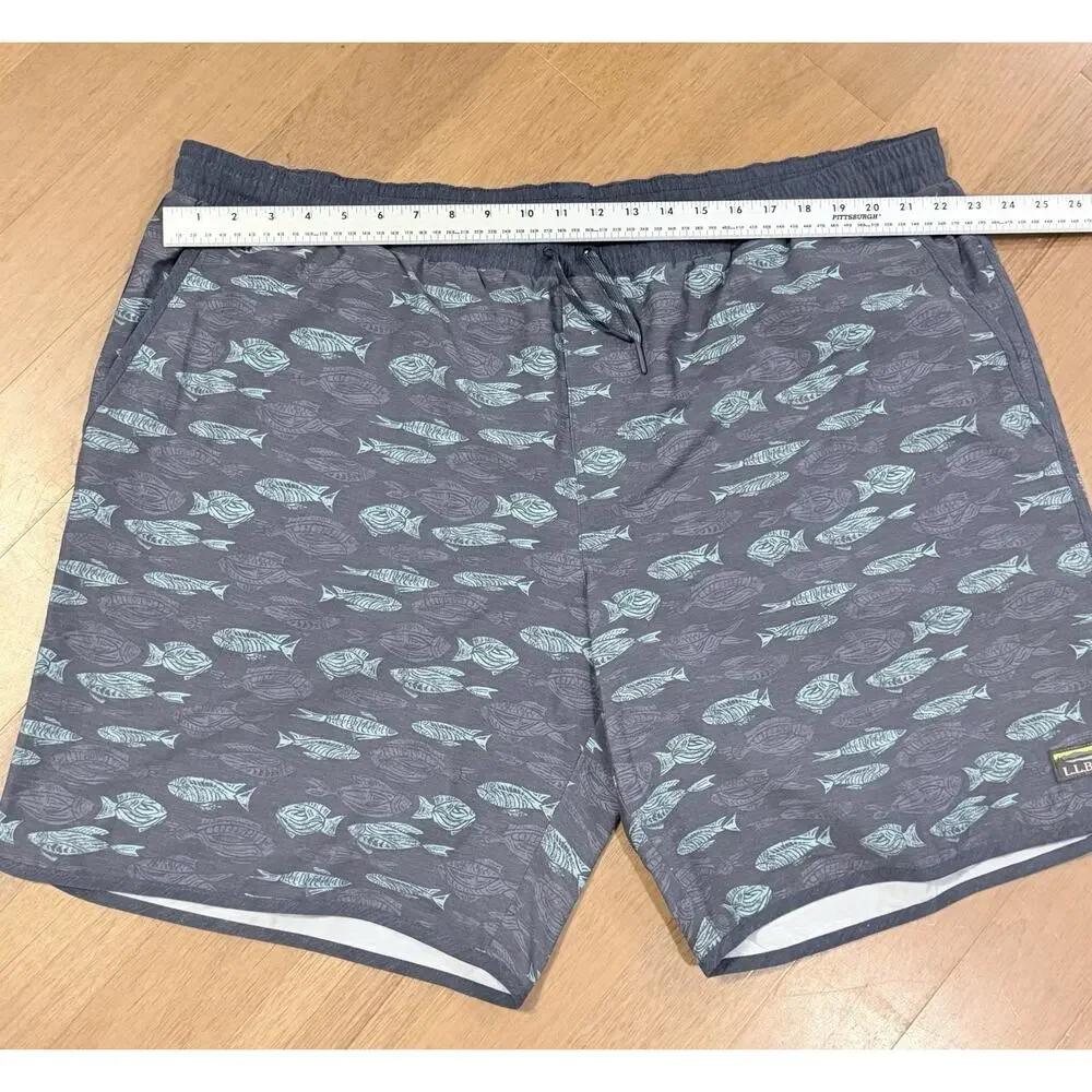 LL Bean Mens 3XL Fish Print Lined Performance Shorts Blue Gray Swim Hybrid EUC